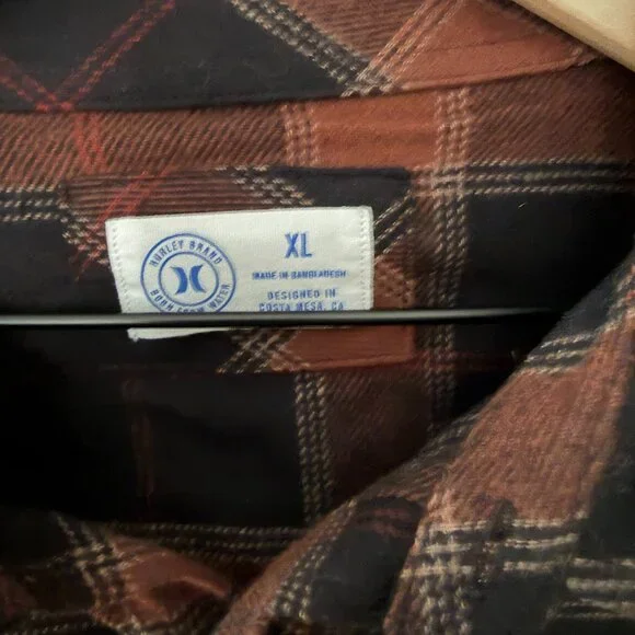 NWT Mens Hurley Medium Weight Flannel Button Down Shirt Orange Black Extra Large - Picture 5 of 7